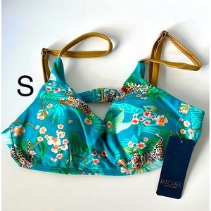 NWT (S) RACHEL ROY teal blue jungle tropics bikini top gold straps padded
